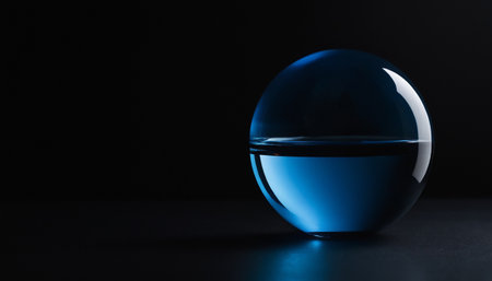 Transparent blue glass ball on a black background. Copy space.の素材