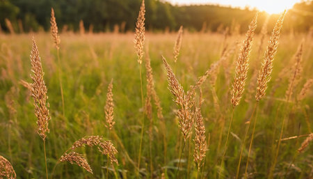 Sunset or sunrise in a field with wild grasses in summerの素材
