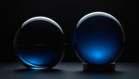 Two glass balls with blue reflections on a black background. 3d renderingの素材