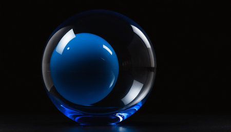 Blue crystal ball on a black background. 3d rendering, 3d illustration.の素材