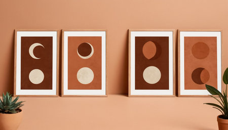 Creative composition with modern photo frames on color wall. Mockup for designの素材
