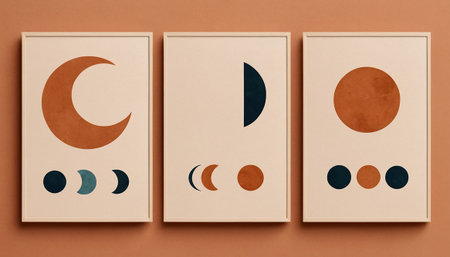 Three hand drawn illustrations of moon and stars on a brown background.の素材