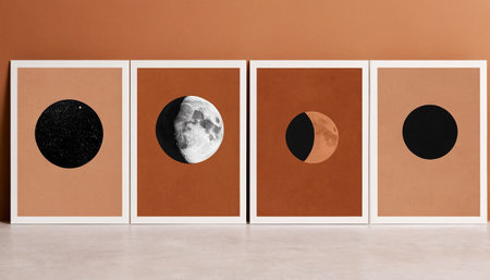Contemporary art collage. Minimalistic interior design. Picture frames with moon and stars on brown wall.の素材