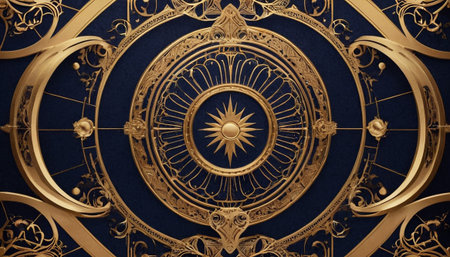 Luxury golden ornament on dark blue background. 3D renderingの素材