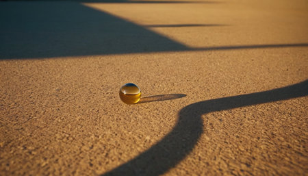 Yellow glass ball on the ground with shadow from the sun. Close-up.の素材