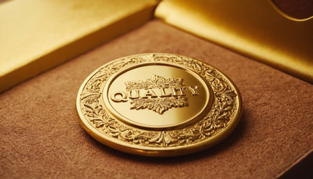 Gold medal in the box on the table. Selective focus.の素材