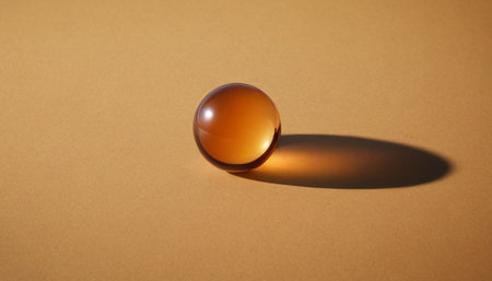 Orange glass ball on a beige background. 3d render.の素材