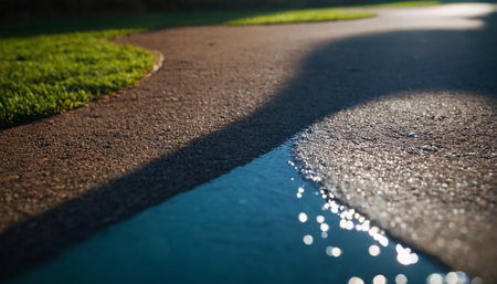 Reflection of sunlight on the asphalt road in the park, close upの素材