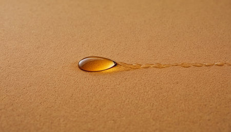 Close up of a drop of oil on the sand. Selective focus.の素材