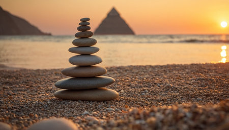 Pyramid of zen stones on the beach at sunset. Zen conceptの素材