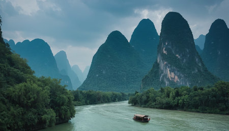 Guilin landscape scenery with karst mountains and river, Chinaの素材