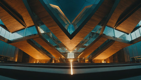 Interior of a modern office building at night, low angle viewの素材