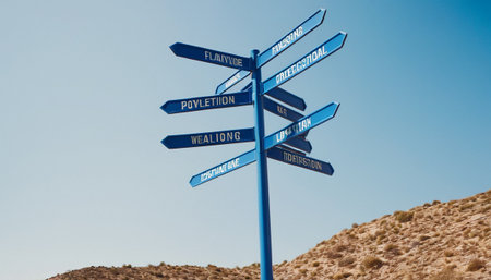 Signpost in the desert with blue sky in the background and textの素材