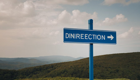 Direction sign with blue sky and mountains in the background. Conceptual image.の素材