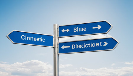 Conceptual image of blue signpost with two arrows pointing in different directionsの素材