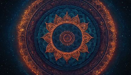 Mandala. Round pattern on a dark background. Boho style.の素材