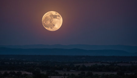 Full moon over the mountains at night. Beautiful nature background. Vintage style.の素材