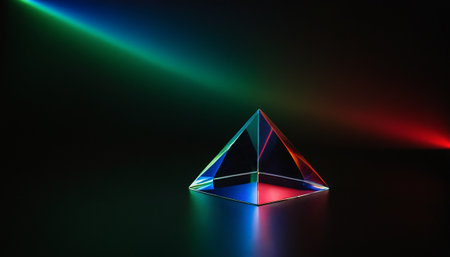 3d rendering of a pyramid in neon light on a black backgroundの素材