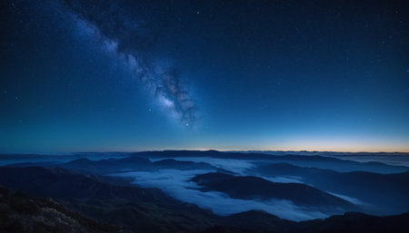 Milky Way over the mountains and the sea of fog at nightの素材