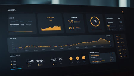 Futuristic user interface with charts and graphs on the screen.の素材