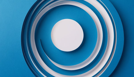 White circle on blue paper background. 3d rendering, 3d illustration.の素材
