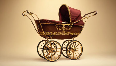 Antique baby carriage isolated on beige background, studio shot.の素材