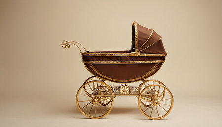 Old fashioned baby carriage on a beige background. Vintage style.の素材