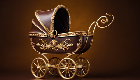 Vintage baby carriage on brown background, close-up image.の素材