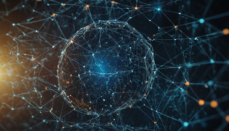 3D rendering of abstract digital sphere with connecting dots and lines on dark backgroundの素材