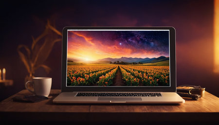 Laptop and coffee cup on wooden table in front of beautiful nature background.の素材