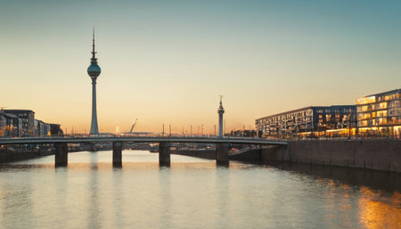 View of the TV tower from the river Spree at sunset.の素材