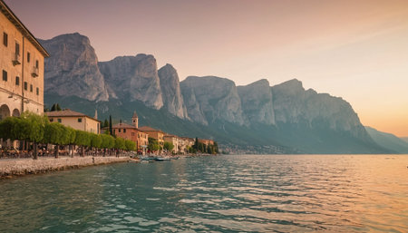 Lake Garda at sunrise, Italy. Lake Garda is the largest lake in Italy.の素材
