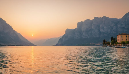 Sunset on Lake Garda in Italy. Panoramic viewの素材