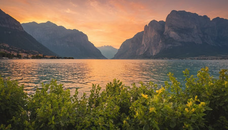 Sunset over Garda lake, Dolomites, Italy.の素材