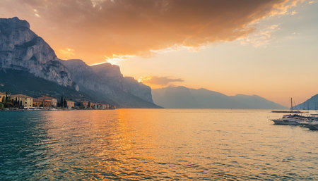 Panorama of the Bay of Kotor at sunset, Montenegroの素材
