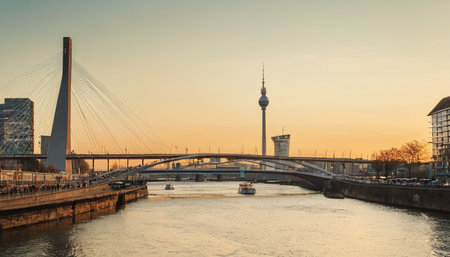 Panoramic view of the city skyline at sunset.の素材