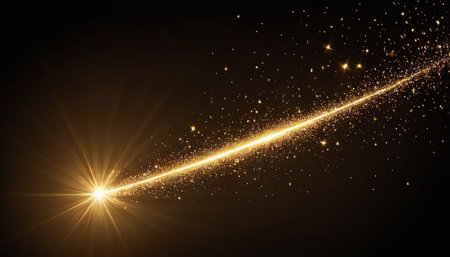 Abstract golden light with sparkles on black background. Vector illustration.の素材