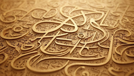 Close-up of Islamic calligraphy on a gold background.の素材