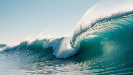 Surfing ocean wave on a sunny day with blue sky and cloudsの素材