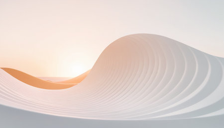 3d render. Abstract white curved lines in the desert at sunsetの素材