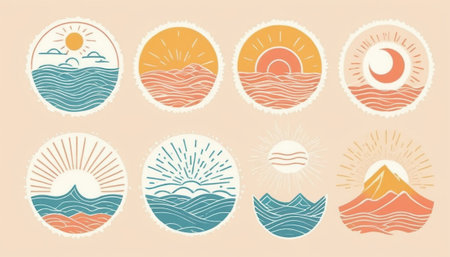 Set of round badges with sun, waves and sea. Vector illustrationの素材