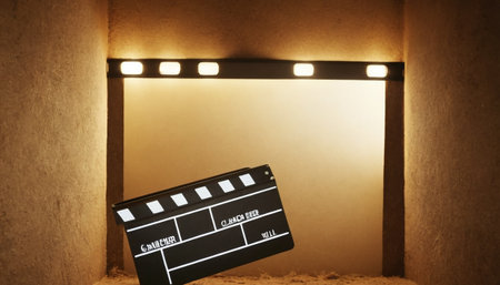 Movie clapper board in a dark room with spotlight. Movie production conceptの素材