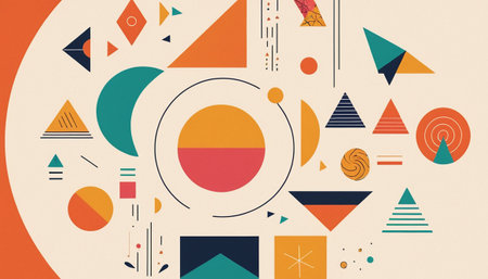 Abstract geometric background with circles, triangles and lines. Vector illustration.の素材