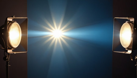 Studio flash on blue background. 3D rendering. Lens flare.の素材