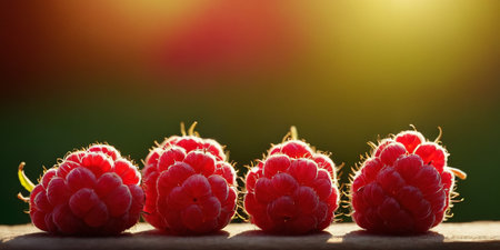 Ripe raspberries on a wooden table. Selective focus. nature.の素材