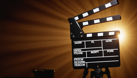 Movie clapper board on a tripod with rays of light in the backgroundの素材