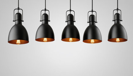 3d render of black ceiling lamps hanging on gray wall background.の素材