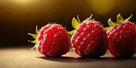 Ripe raspberries on wooden table, close-up viewの素材