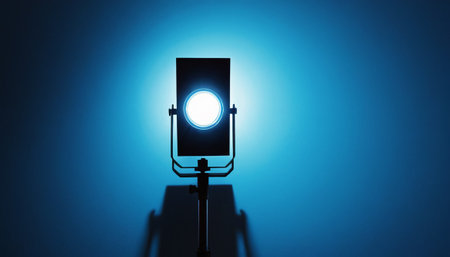 Spotlight on a blue background. 3D Rendering. Vintage style.の素材