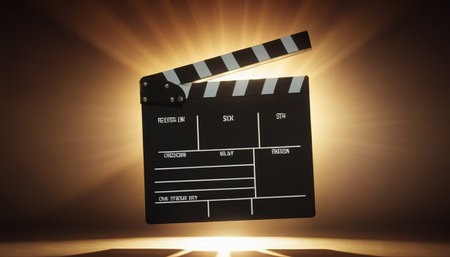 Movie clapper board on a dark background with rays of light.の素材